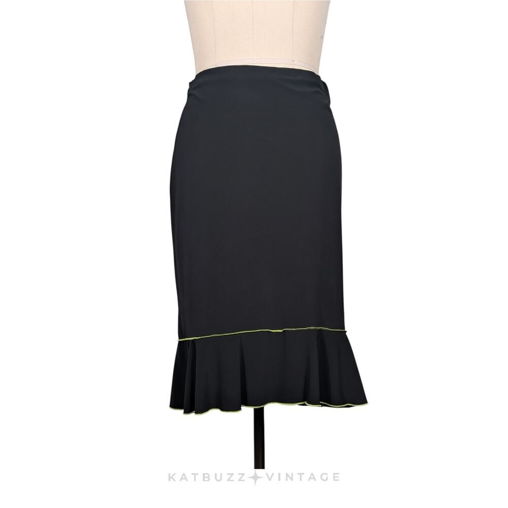 Vintage Midi Skirt M Black Green Y2K Whimsigoth Fairy Indie Ruffle Flare Pull On